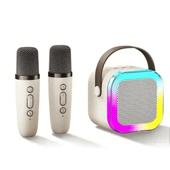 Portable Mini Karaoke Speaker Set with Dual Wireless Microphones, Bluetooth, and LED Lighting, Beige
