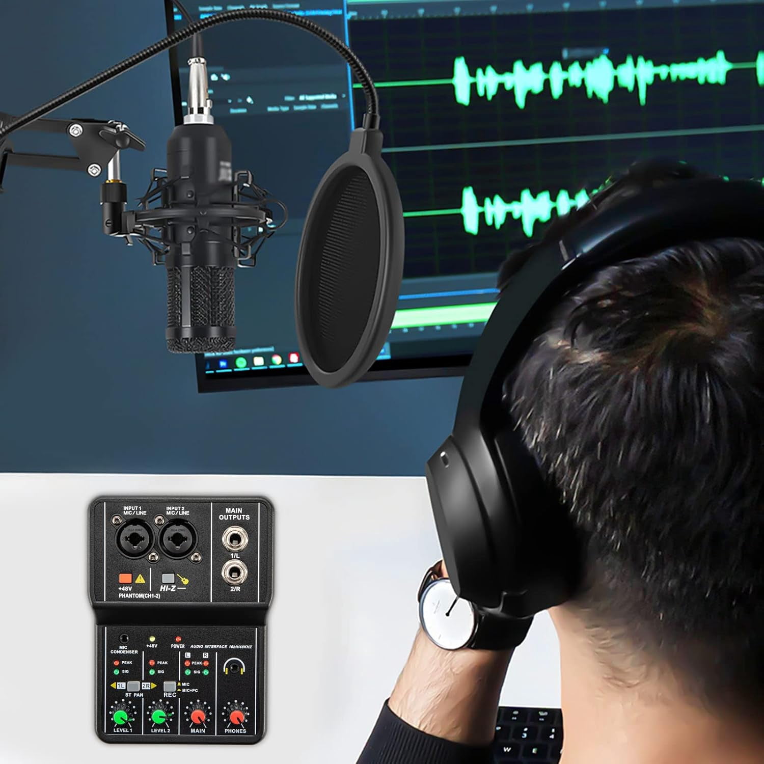 Portable Mini Mixer 2 Channel Audio DJ Console USB 48V Phantom Power Combo Jack Microphone/Guitar XLR+6.35mm, 3.5mm Stereo in for PC Recording Singing Webcast Party