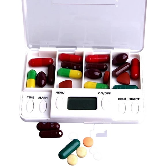 Portable Mini Pill Box Timer with LCD Digital Electric Alarm Medicine Pill Case 2 Grids White Color Two Drawers Divided Plus Memory Fits Large Pills
