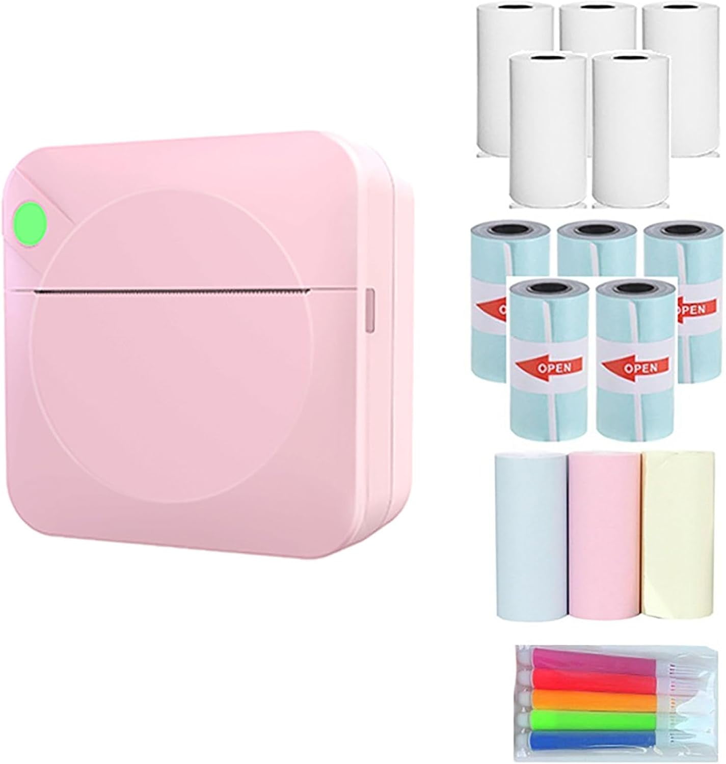 Portable Mini Printer, Bluetooth Thermal Sticker Maker with 5 Rolls Paper, Inkless for iPhone Android, DIY Labels Study Notes (Pink)