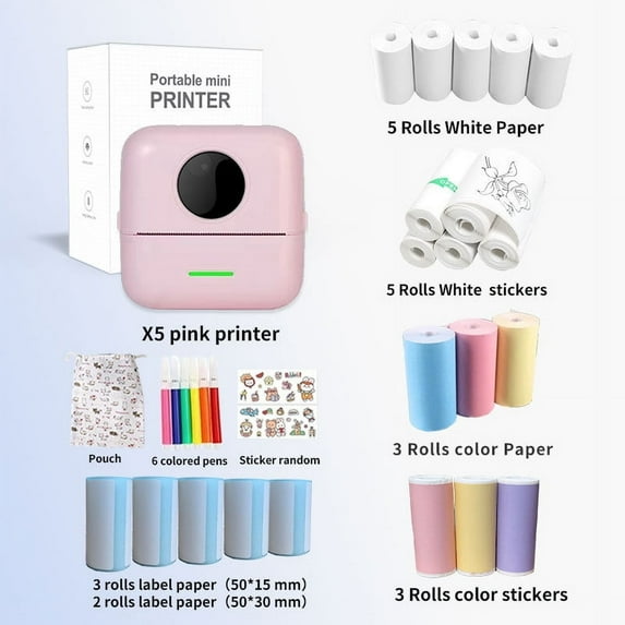 Portable Mini Printer, Mini Photo Printer, Pocket Wireless Bluetooth Thermal Printer for IOS & Android (Pink + 21 Rolls + 6 Color Pens)