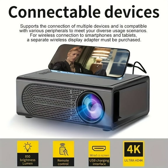 Portable Mini Projector, 1080P 4K Full HD Horizontal Correction, 120 Inch Display Smart Film And Television Projector Compatible With Phone/computer/TV Stick/HDMI/USB/Audio.(Black)