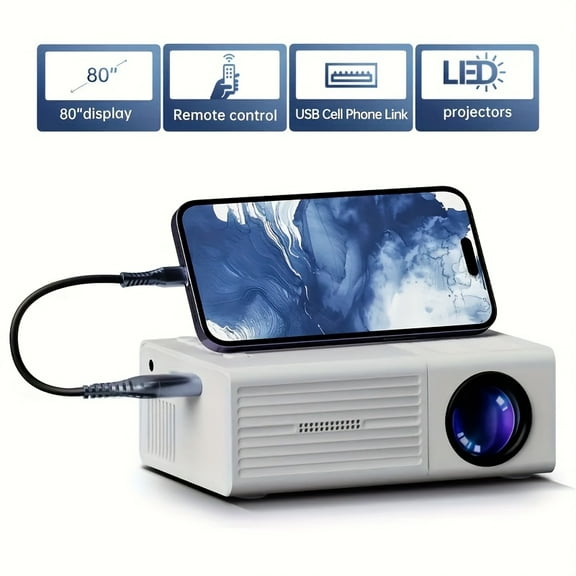 Portable Mini Projector with Full HD 1080P Support - Compatible with IOS, for Android, Windows & More - Includes Remote Control, Ideal for Smartphones, PS4, USB Devices