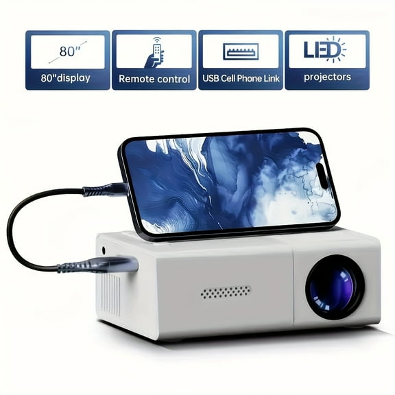 Portable Mini Projector with Full HD 1080P Support - Compatible with IOS, for Android, Windows & More - Includes Remote Control, Ideal for Smartphones, PS4, USB.