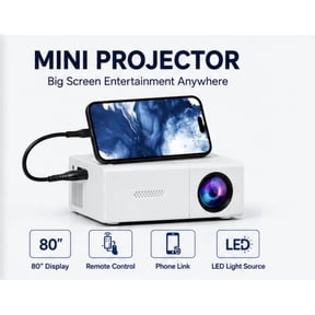 Portable Mini Projector for Entertainment, 1080P Video Support, USB Powered, Android Wired Screen Mirroring via App, HDMI/USB/AV/SD Inputs, Built-in Speaker for Bedroom, Travel & Camping