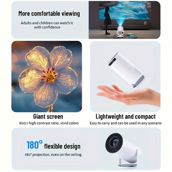 Portable Mini Projector with WiFi6 And BT5.0 Smart Portable Projector Movie Smart Projector Featuring Auto Focus & Keystone for Home Theater TV Stick Smartphone