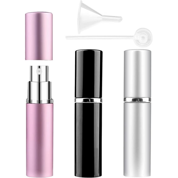 Portable Mini Refillable Perfume Bottle, 3 Pcs Travel Size Perfume Atomizer Empty Spray Bottle Case for Outdoor and Traveling with Funnel and Perfume Diffuser (A - 6ml (Silver+Black+Pink))