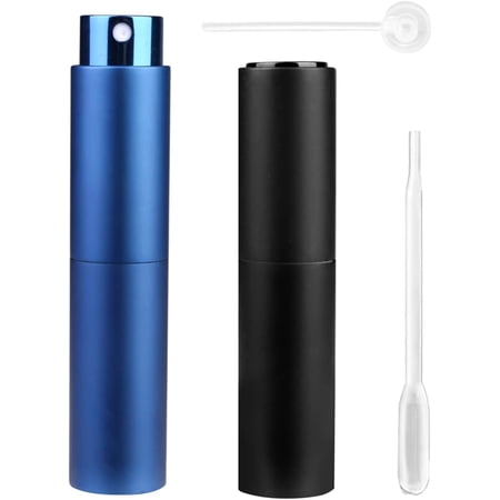 Portable Mini Refillable Perfume Bottles, 2 Pcs Travel Size Perfume Atomizer Empty Spray Bottle Scent Pump Case for Outdoor and Traveling with Funnel and Perfume Diffuser (10ml (Black+Dark Blue))