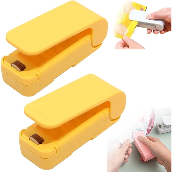 Portable Mini Sealing Machine, 2026 Upgrade Mini Bag Sealer 2 in 1 Sealer and Cutter, Handheld Heat Vacuum Sealer for Plastic Bags Food Storage Snacks(yellow 2 Pcs)
