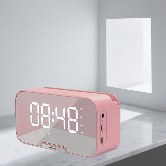 Portable Mini Speaker FM Radio Clock with Wireless Mic, Mirror LED Screen, Alarm & High-Quality Audio Buttons