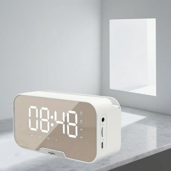Portable Mini Speaker FM Radio Clock with Wireless Mic, Mirror LED Screen, Alarm & High-Quality Audio Buttons