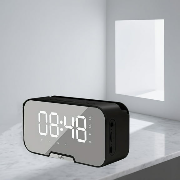 Portable Mini Speaker FM Radio Clock with Wireless Mic, Mirror LED Screen, Alarm & High-Quality Audio Buttons