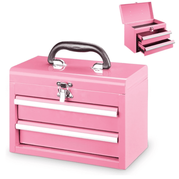Portable Mini Tool Box, 2 Drawers Metal Tool Chest with Ball Bearing Slides, Top Storage with Latch, Ergonomic Carrying Handle, Toolbox with PVC Liners and PP Feet Pads - Pink Ribbon