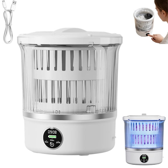 Portable Mini Washing Machine with Spin Dryer 6L Small Foldable Washer USB Rechargeable Ultrasonic Turbine Washer with Sterilization