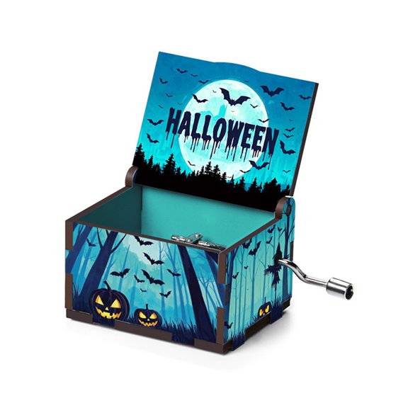 Portable Mini Wooden Halloween Hand Crank Music Box, Scary Ghost Witch Pumpkin Pattern Wind Up Musical Box, Tabletop Decor Ornament and Creative Gift for Halloween Holiday Kids Birthday Party