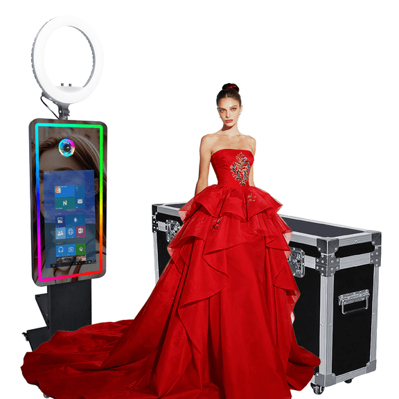 Portable Mirror Photo Booth Machine with 21.5inch Touch Screen Selfie Photo Booth Machine with RGB Light and Flight Case for Event