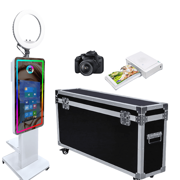 Portable Mirror Photo Booth Machine with 21.5inch Touch Screen Selfie Photo Booth Machine with RGB Light and Flight Case for Event