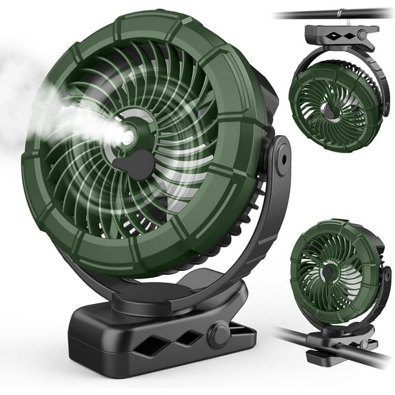 Portable Misting Clip on Fan, 100ml Camping Stroller Fan with Mist, 5200mAh Outdoor Rechargeable Battery Operated Fans, 360° Rotate Cooling Spray Fans for Travel/Home/Beach/Golf Cart