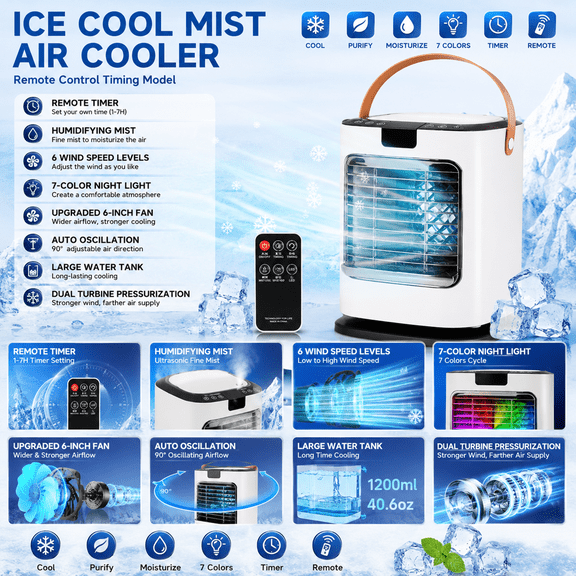 Portable Misting Desktop Air Cooler, USB Wired Powered Mini Cooling Fan Without Battery, Remote Control Timer Oscillating Fan with Humidify Mist 1200ml Large Water Tank for Indoor Use