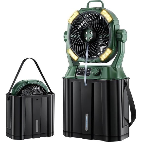 Portable Misting Fan,4 LED Lights&Stepless Speed Control & 4 Outlet Cooling Spray with 6L Bucket,Timer Function,Portable Handle,20000mAh Camping Fan for Patios/Fishing/Travel/Office Desk