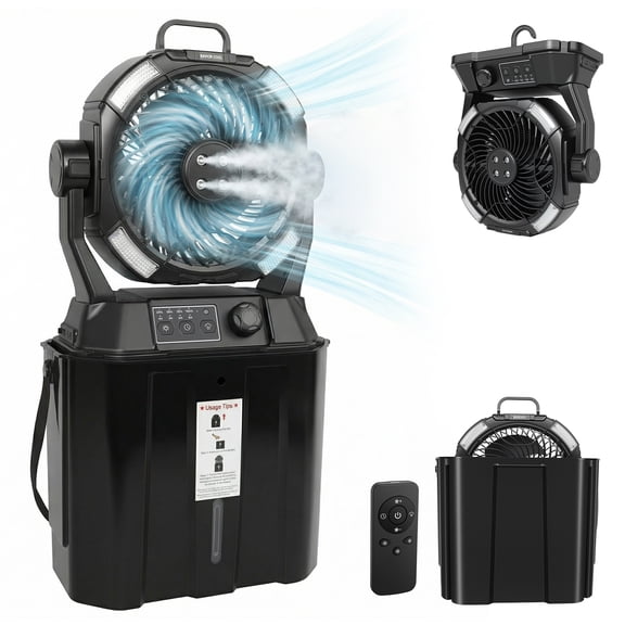 Portable Misting Fan, 6L Large Water Tank 20000mAh Rechargeable Mister Fan with Remote Control, LED Light & Adjustable Spray, Hook & Bucket for Patio Camping Outdoor Use