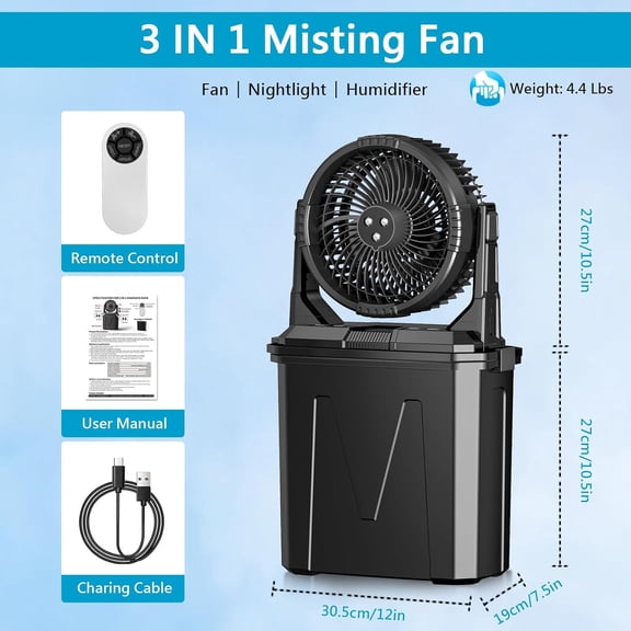 Portable Misting Fan with 9L Water Tank & 20000mAh Battery, Remote Control, 4 Speed Levels, 4 Misting Modes, RGB LED Lights - Indoor/Outdoor Cooling Fan for Camping, Patios, Garden, Travel