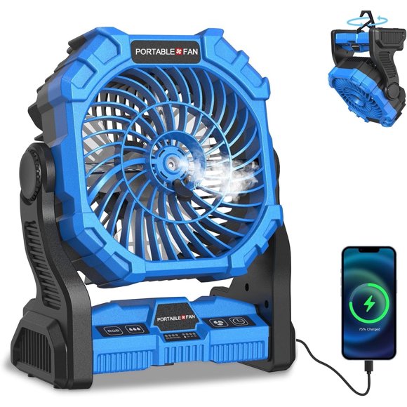Portable Misting Fan Portable, Camping Fan with 20000mAh Battery, 8-18H Runtime, 250mL Water Tank, RGB LED Lights, USB Output & Hanging Hook for Outdoor Indoor Cooling (Blue)