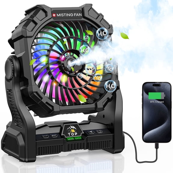 Portable Misting Fan with RGB Lantern, 20000 mAh Rechargeable Camping Mist Fan with Emergency Battery Power Bank Hurricane Supplies, Perfect Cooling Mister for Outdoor Travel