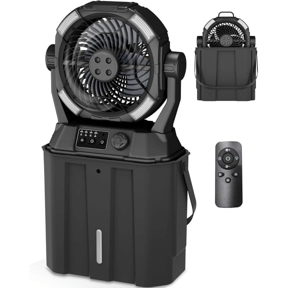 Portable Misting Fan Rechargeable with Remote Control, 6L Bucket Camping Fan with LED Lights & Stepless Speed Control & Cooling Mist, Portable Handle & Rotate Hook, Timer Function(Jet Black)