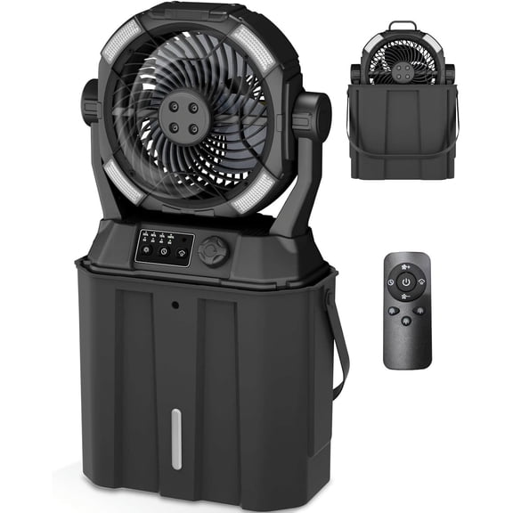 Portable 6L Misting Fan, Rechargeable with Remote, LED Light, Stepless Speed, Cooling Mist, Timer, Handle & Rotating Hook, Jet Black