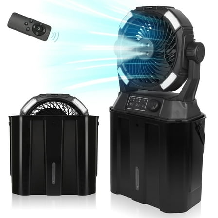 SAVIOR Portable Misting Fan - Rechargeable 20000mAh Battery, 6L Water Tank - with Remote Control, Adjustable Mist & LED Light - Includes Hook/Bucket - Ideal for Outdoor, Patio, Camping - Black