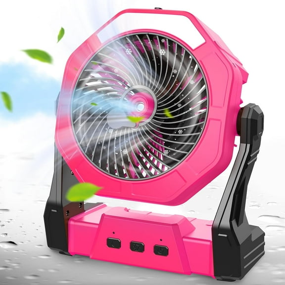 Portable Misting Fans for Outside, Pink Outdoor Cooling Fan for Patios, 8 Inch Battery Operated Rechargeable Fans, Water Spray Fan with LED Light for Pets/Tents/Travel Beach Camping Essential