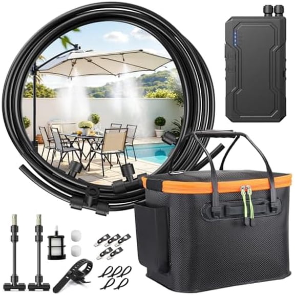 Portable Misting Systems, Outdoor Water Cooling Misters Set with 6000mAh Water Pump, 20L Bucket, 26FT (8M) Hose, 6*Nozzles, 10*Clips/Ties for Patio/Umbrella/Pasture/Greenhouse/Canopy/Camping