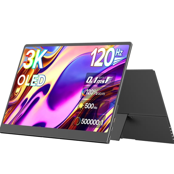 Portable Monitor 14 Inch OLED 3K 120Hz, 1.29 lbs Ultra-Light Travel Display, 500000:1 Contrast 109% DCI-P3, USB-C HDMI Computer Screen for Laptop PC Mac Phone Gaming