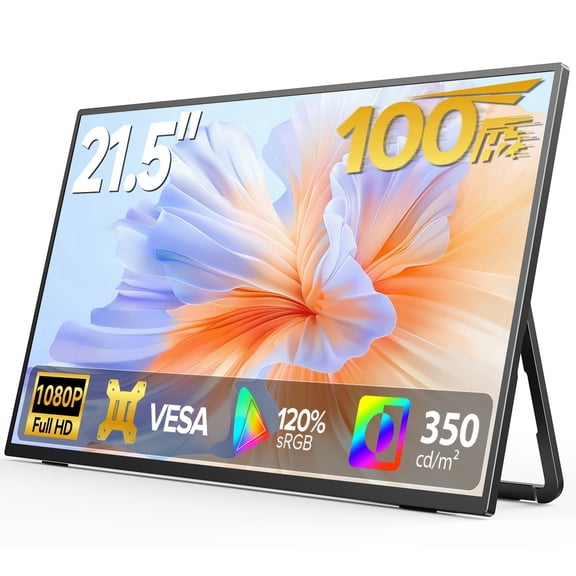 Portable Monitor 21.5 inch FHD 100% DCI-P3 100Hz IPS HDR HDMI USB-C Travel Monitor for Laptop MacBook PC Surface PS5 Xbox, Large External Display with Kickstand & Speakers, VESA Compatible