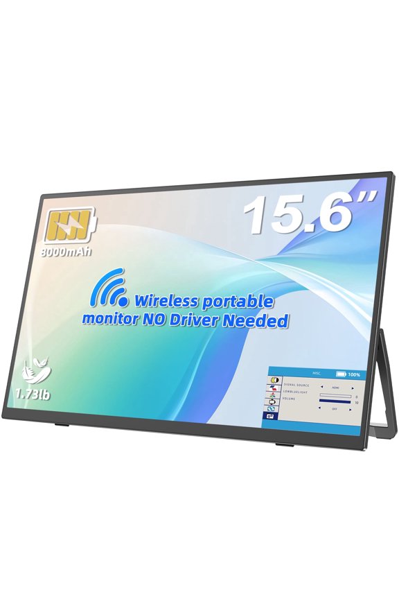 Wireless Portable Monitor W/ 8000mAh Battery, 15.6" 1080P IPS Laptop Screen, Second Computer Gaming Display with Speakers, Travel Monitor for Windows/Mac/Android/iOS/Gaming Console