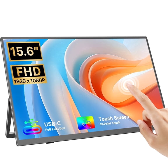 Portable Monitor Touchscreen 15.6" 1080P 10-Point Touch Screen Monitor Built-in Stand,HDMI USB C Travel Monitors for Laptop, PC, Phone