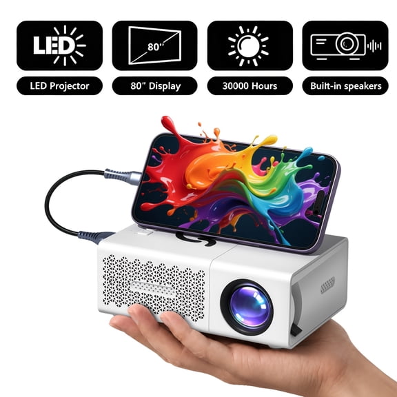 Portable Movie Projector, 1080P Supported, with Remote Control, USB Wired Connection, Desktop Mount, Compatible with Smartphones, Laptops, TV Sticks & USB Drives
