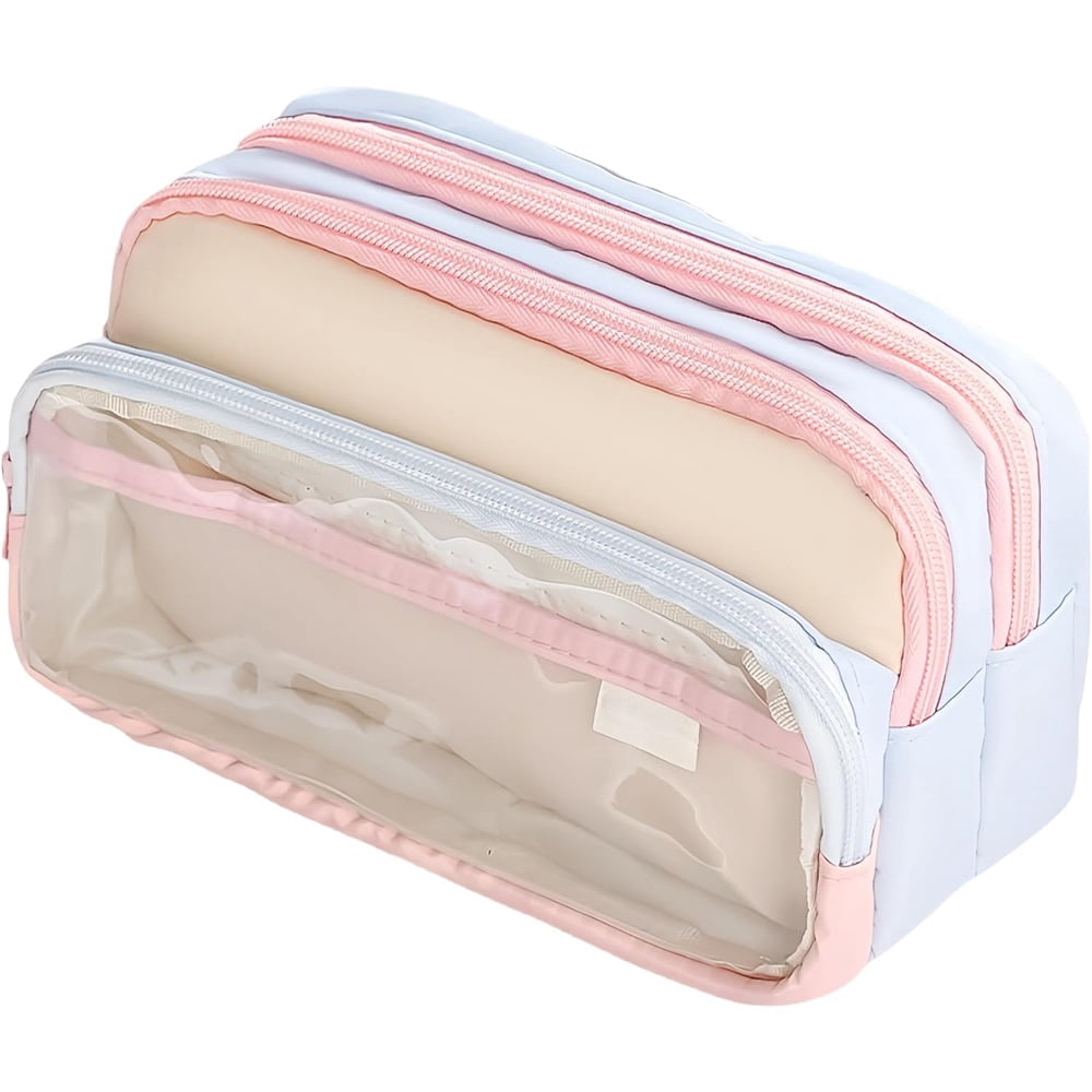 Portable Multi-Layer Pencil Case Organizer - Large Capacity Color Block Design Pen Pouch Supplies - Cute Functional Bag (Pink blue)