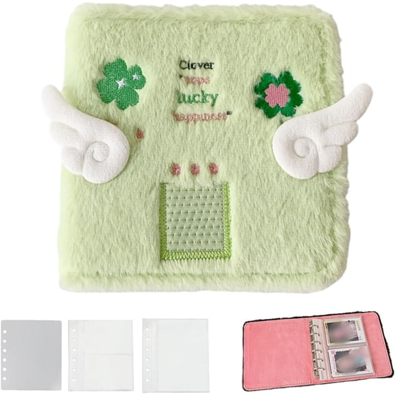 Portable Multi-Pocket Memory Cards Book, Plush Photo Album Binder Picture Collector, Cute Soft Cover Folio Scrapbook with 20 Refillable Pages(Green 1 PCS)