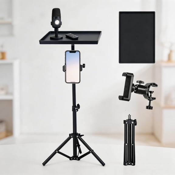 Portable Multi-Scene Floor Tripod Stand with Flat Tray & Detachable Phone Clip, Height Adjustable Equipment Stand for Home Office & Live Streaming Recording