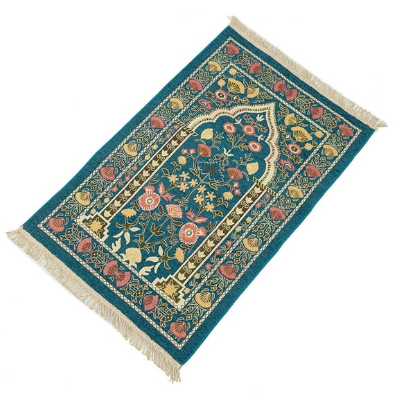 Portable Muslim Prayer Rug Thick Islamic Turkish Chenille Praying Mat Vintage Floral Leaves Pattern Woven Tassel Blanket