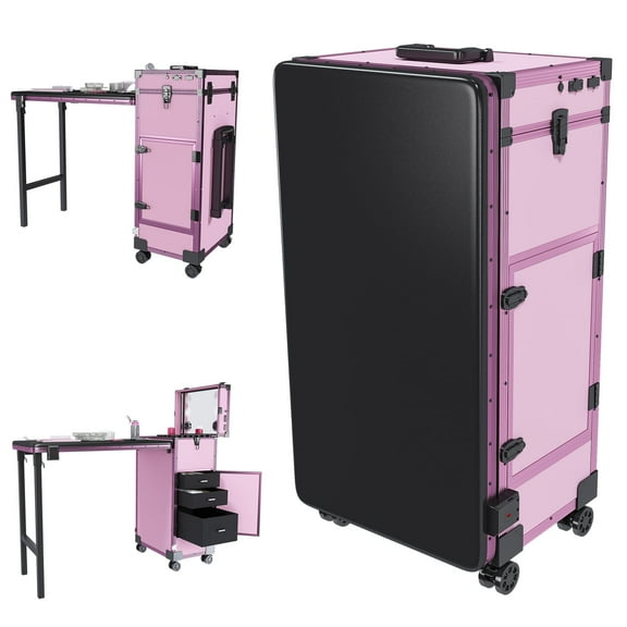 Portable Nail Art Table with LED Lighted Mirror & Bluetooth Speaker, Folding Manicure Station with 3 Lockable Drawers for Home Salon, Mobile Nail Technician, DIY Nails, Makeup Vanity Desk (Pink)