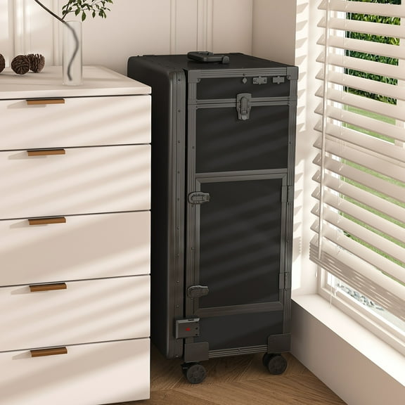 Portable Nail Art Table with LED Mirror, Bluetooth Speaker & Lockable Drawers, Folding Manicure Station with Telescopic Pole, Mobile Beauty Salon Table, Black