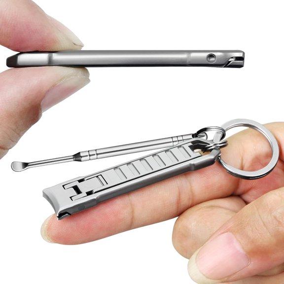 Portable Nail Clippers for Men, UItra Thin Keychain Nail Clipper with Ear Pick, Stainless Steel Wide Jaw Folding Slim Sharp Fingernail Cutter for Travel