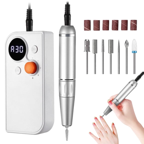 Portable Nail Drill Kit Rechargeable 30000 RPM Electric Nail Machine Professional Cordless E-File Nail Drill Set with 7 Nail Bit, Polishing