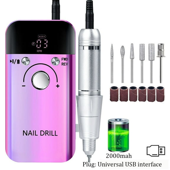 Portable Nail Drill Professional 35000-45000 RPM,  Rechargeable Electric Nail File Machine for Acrylic Nails Gel Polishing, Cordless E-file with Bits Kit for Manicure Salon Home, Yellow & Purple