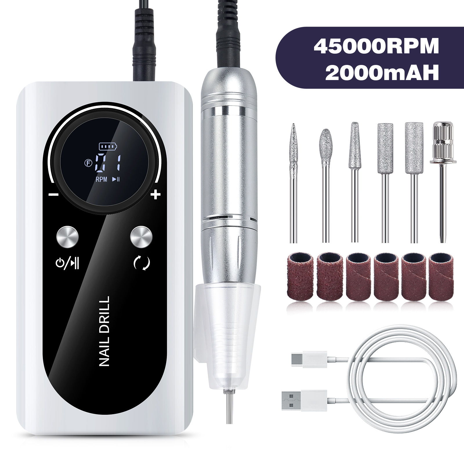 Portable Nail Drill Professional 45000 RPM Rechargeable Electric Nail File Machine E File for Acrylic Nails Gel Polishing Removing Cordless Efile with Bits Kit for Manicure Walmart