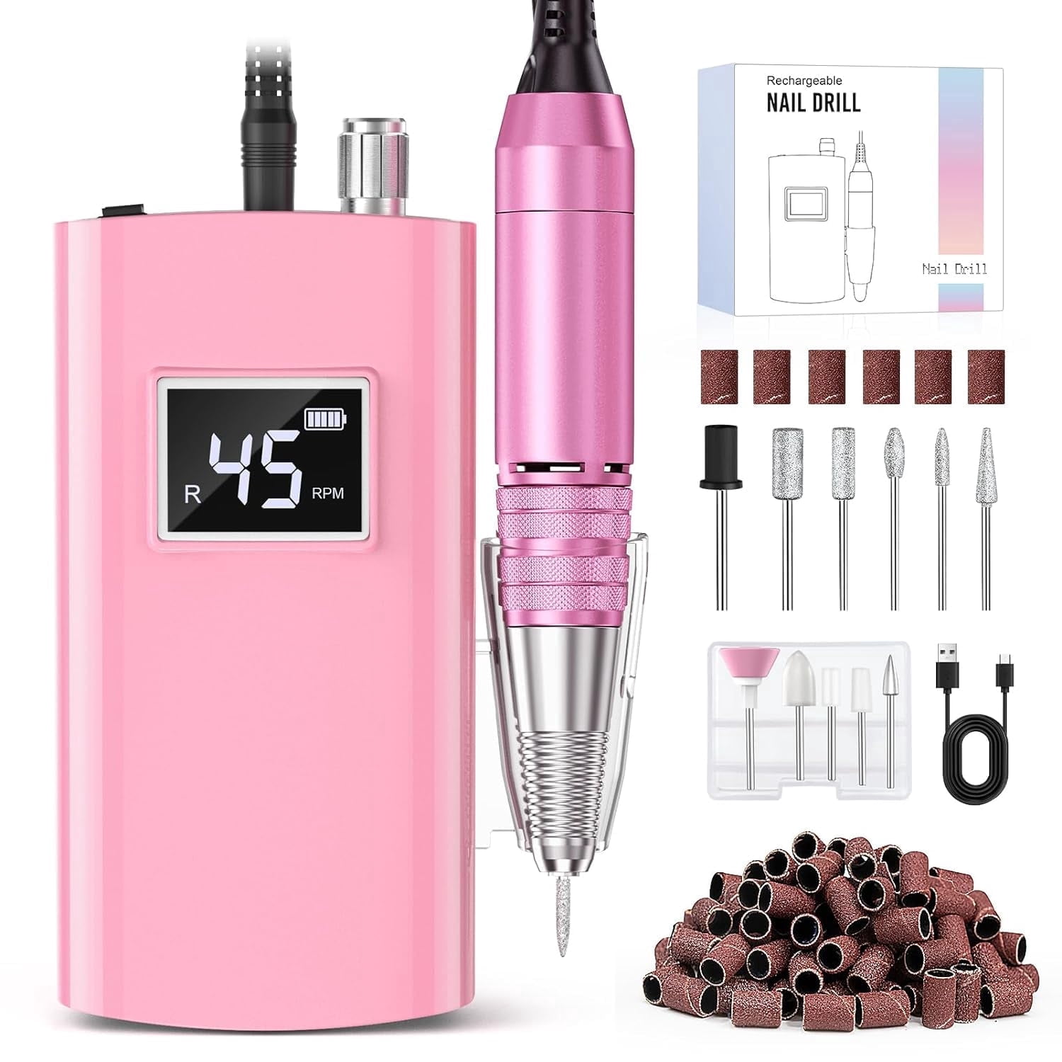 Portable Nail Drill Professional, 45000RPM Rechargeable Nail Drill Electric File Machine for Acrylic Gel Polish Remover, Cordless Nail Kit for Manicure Pedicure with 11 Bits for Salon Home