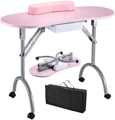 Portable Nail Table Manicure Desk Foldable Nails Tech Station Professional Nail Desk with Drawer & Wrist Rest Wheeled Manicurist Workstation for Home Spa Beauty Salon Pink